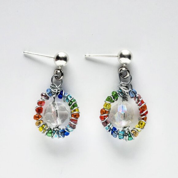 Y2K mini rainbow hoop earrings ✦ unique  and handmade beaded silver hoops ✦ - Picture 4 of 4